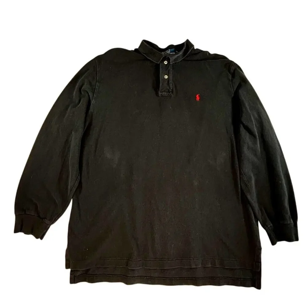 Polo Ralph Lauren Mens XL Black Long Sleeve Cotton Polo Shirt Collared Pony Logo